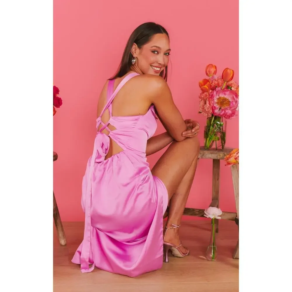 Show Me Your Mumu Mina Midi Dress Purple Pink Luxe Satin XL NWT - Picture 2 of 10